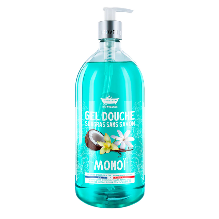 Gel de duș Les Petites Bains de Provence Monoi, pentru corp, față și păr, pentru piele sensibilă, 1000 ml