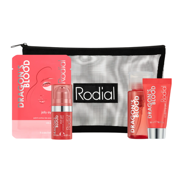 Set Rodial Dragon's Blood: apă micelară purifiantă 100 ml + gel pentru ochi 15 ml + gel sculptant pentru față 15 ml + plasture pentru ochi 3 g