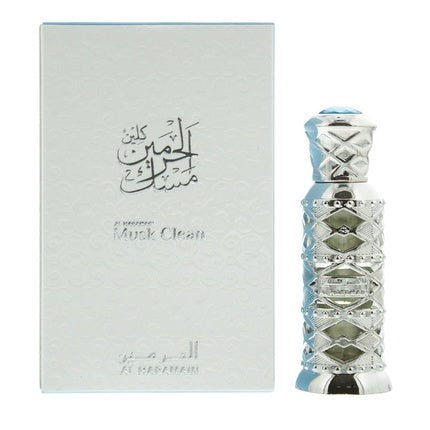 Parfum Al Haramain Musk Clean, 12ml, Unisex, Sticlă argintie cu design geometric