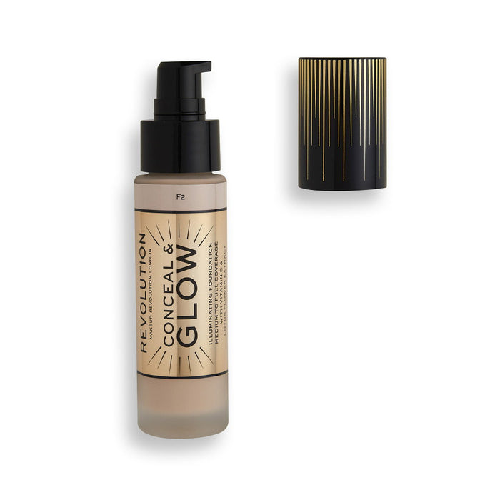 Fond de ten cremos Makeup Revolution Conceal & Glow, cu efect iluminator, nuanța F2, 23 ml