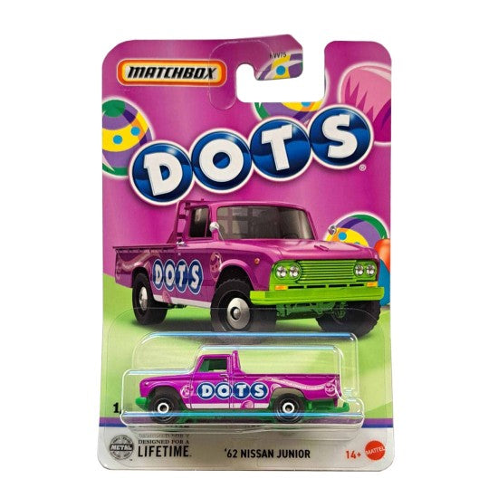 Mașinuță Mattel Matchbox DOTS, '62 Nissan Junior, mov, 14+ ani