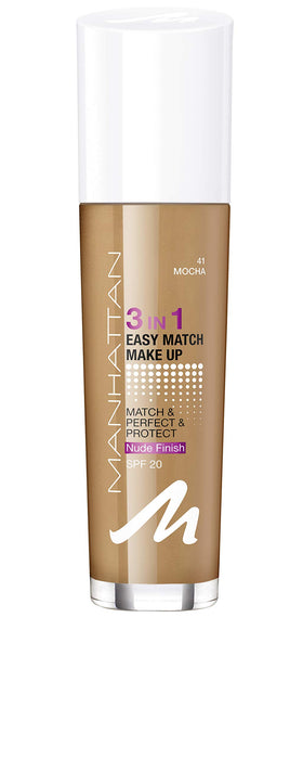 Fond de ten lichid Manhattan Easy Match 3 In 1, nuanța 41 Mocha, SPF 20, 30 ml