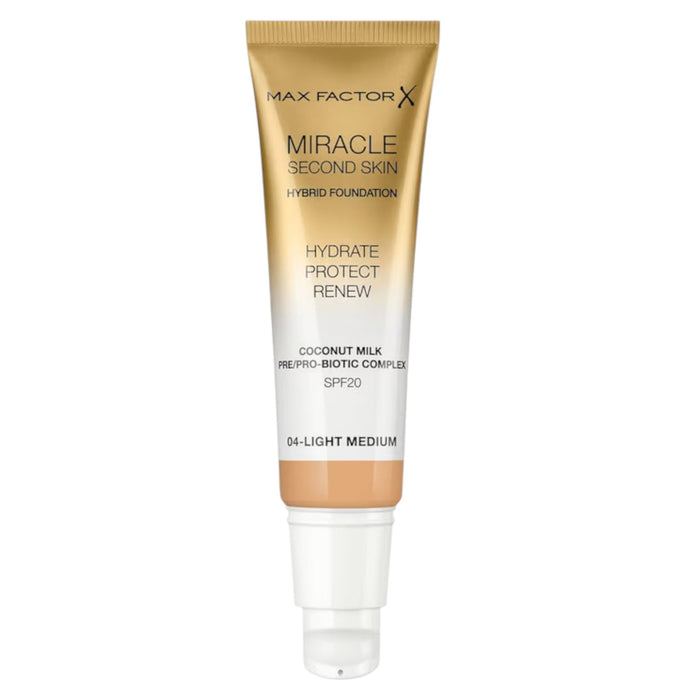 Fond de ten Max Factor Miracle Second Skin, hidratant, nuanța 04 Light Medium, SPF 20, 30 ml