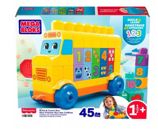 Set de construcție Mattel Mega Bloks, Autobuzul Construiește și numără, 45 de piese, 1,5+ ani
