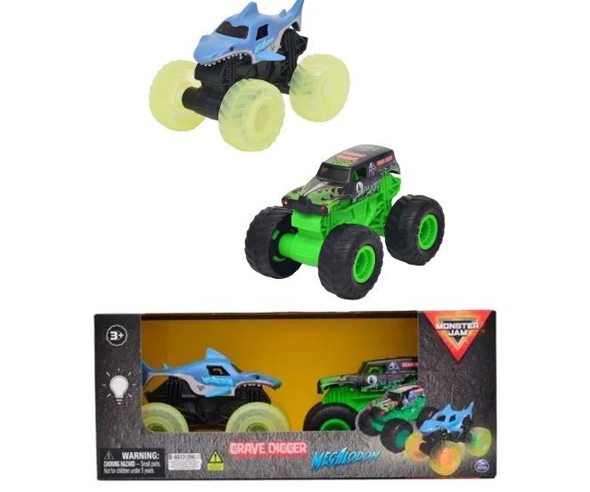 Set 2 mașinuțe SpinMaster Monster Jam, Grave Digger și Megalodon, scara 1:43, 3+ ani