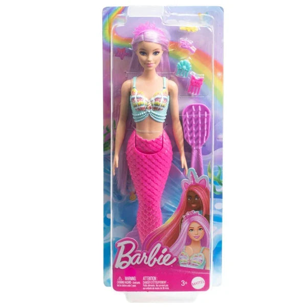 Păpușă sirenă Mattel Barbie, păr lung mov, accesorii pentru păr, 3+ ani