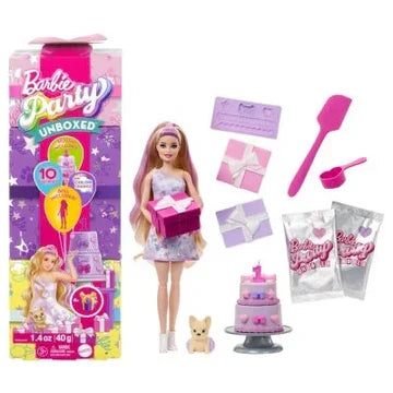 Păpușă Mattel Barbie Party Unboxed, Pet Birthday, blondă, 10 surprize, 3+ ani