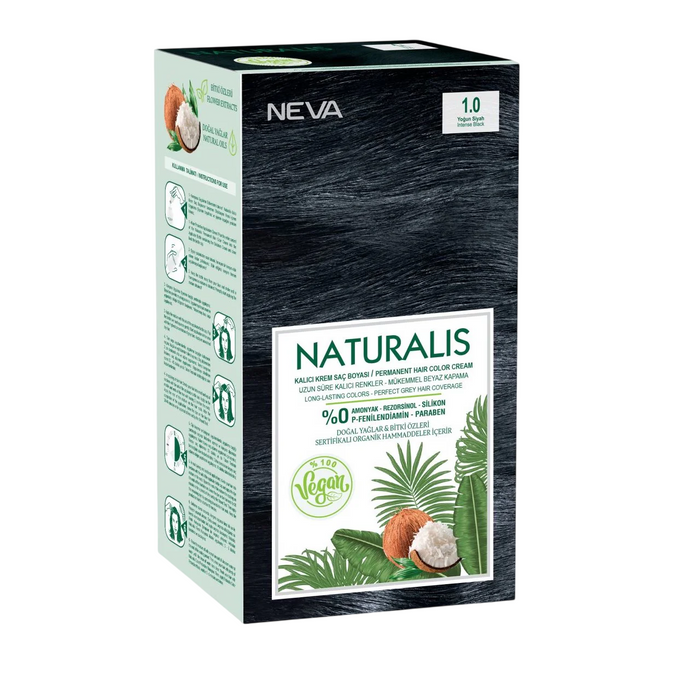 Vopsea permanentă de păr Neva Naturalis, nuanța 1.0 Intense Black, 150 ml