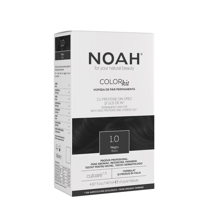 Vopsea permanentă de păr Noah Color Kit, nuanța 1.0 Black, fără amoniac, 140 ml