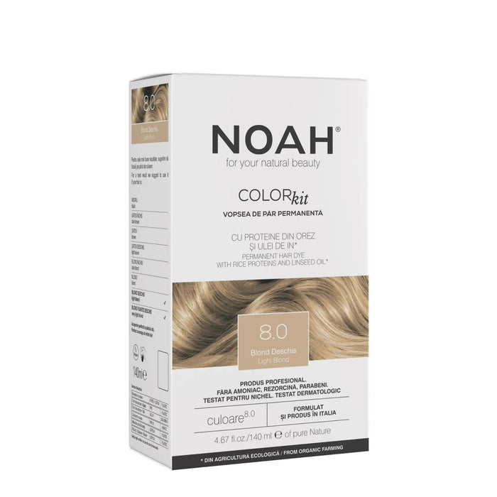 Vopsea permanentă de păr Noah Color Kit, nuanța 8.0 Light Blonde, 140 ml