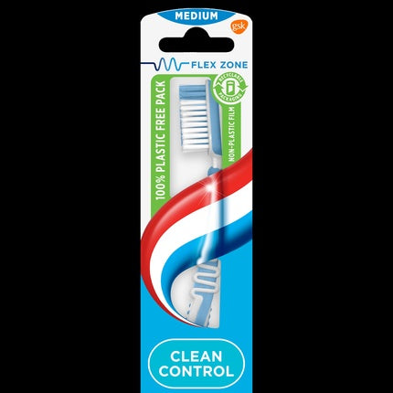 Periuță de dinți Aquafresh Clean Control Medium, design Flex Zone, ambalaj eco-friendly