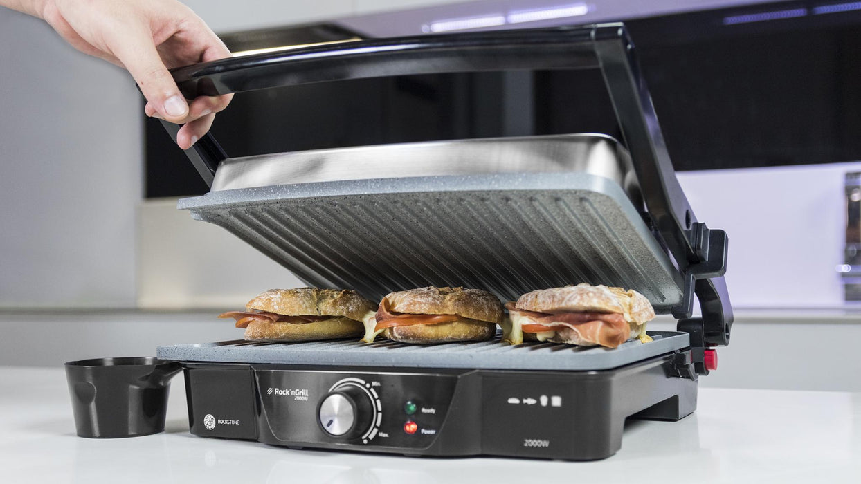 Grătar electric de contact Cecotec Rock'N Grill 2000W, 2000 W, deschidere 180°, inox