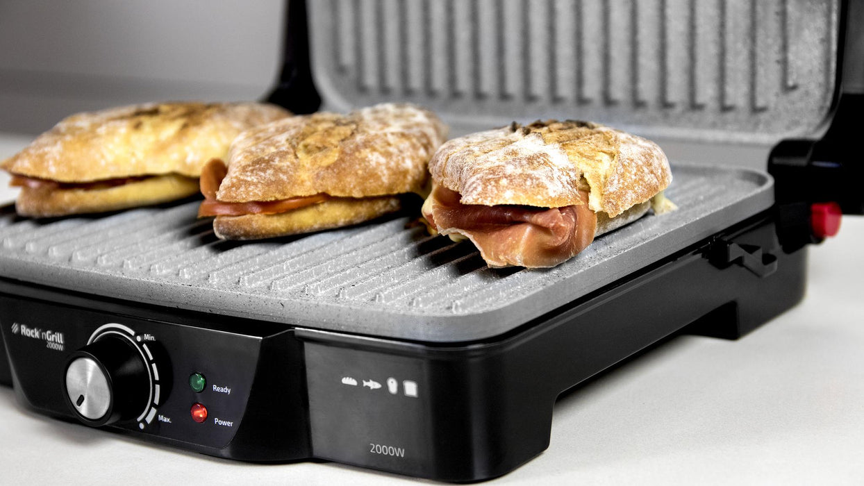 Grătar electric de contact Cecotec Rock'N Grill 2000W, 2000 W, deschidere 180°, inox