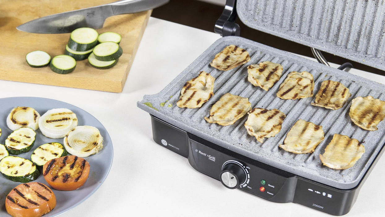Grătar electric de contact Cecotec Rock'N Grill 2000W, 2000 W, deschidere 180°, inox