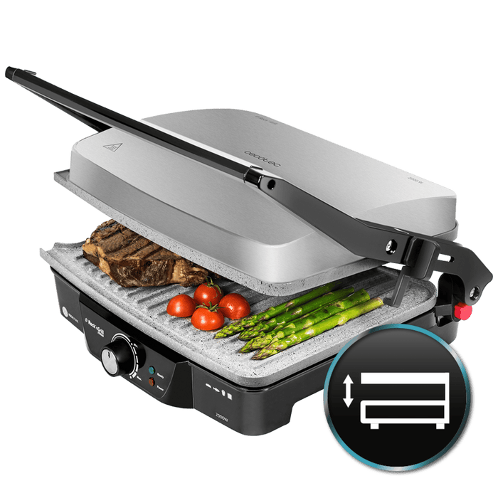 Grătar electric de contact Cecotec Rock'N Grill 2000W, 2000 W, deschidere 180°, inox