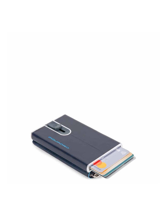 Suport de carduri Piquadro Blue Square, din piele, sistem de glisare, buzunar pentru monede cu fermoar, albastru