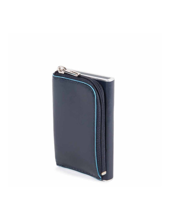 Suport de carduri Piquadro Blue Square, din piele, sistem de glisare, buzunar pentru monede cu fermoar, albastru