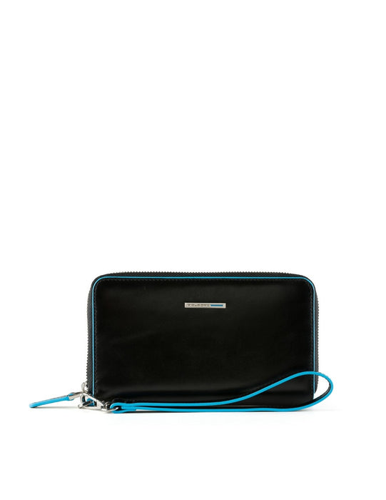 Portofel Piquadro Blue Square, cu fermoar, negru, cu detalii albastre