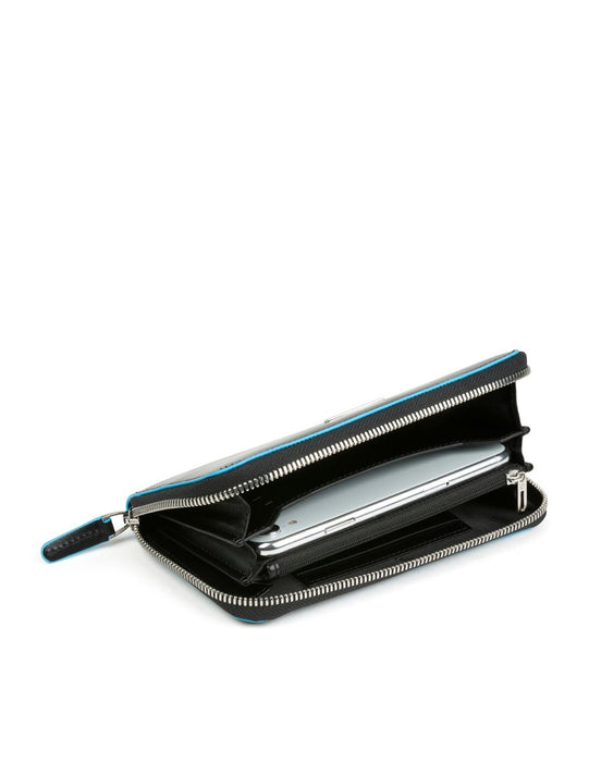Portofel Piquadro Blue Square, cu fermoar, negru, cu detalii albastre