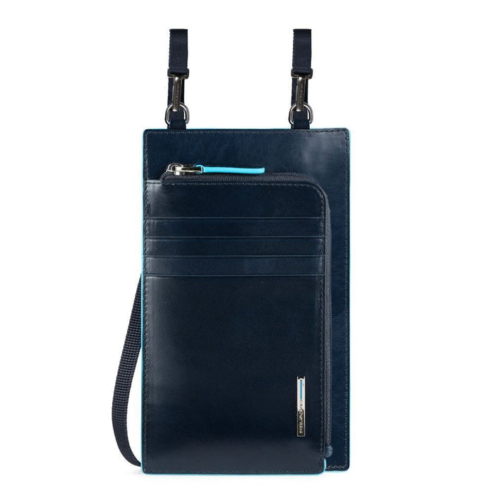 Geantă crossbody Piquadro, bleumarin, cu buzunar cu fermoar și sloturi pentru carduri