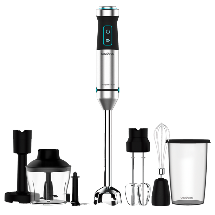 Blender de mână Cecotec Power TitanBlack 1500 XL PerfectCream&Crush, 1500 W, recipient 800 ml, tocător 600 ml, oțel