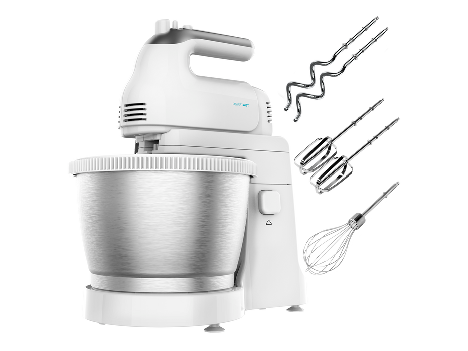 Mixer cu bol Cecotec PowerTwist 500 Steel, 500 W, bol de 3,5 l, 5 viteze, alb