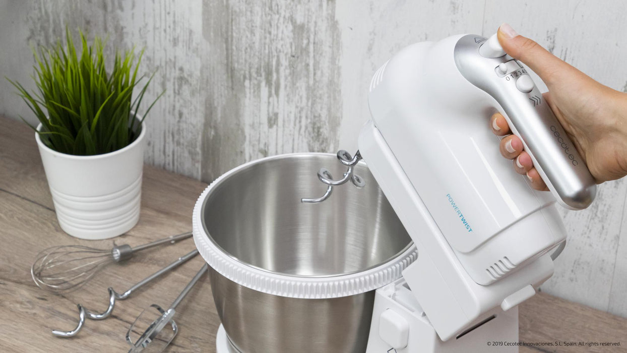 Mixer cu bol Cecotec PowerTwist 500 Steel, 500 W, bol de 3,5 l, 5 viteze, alb