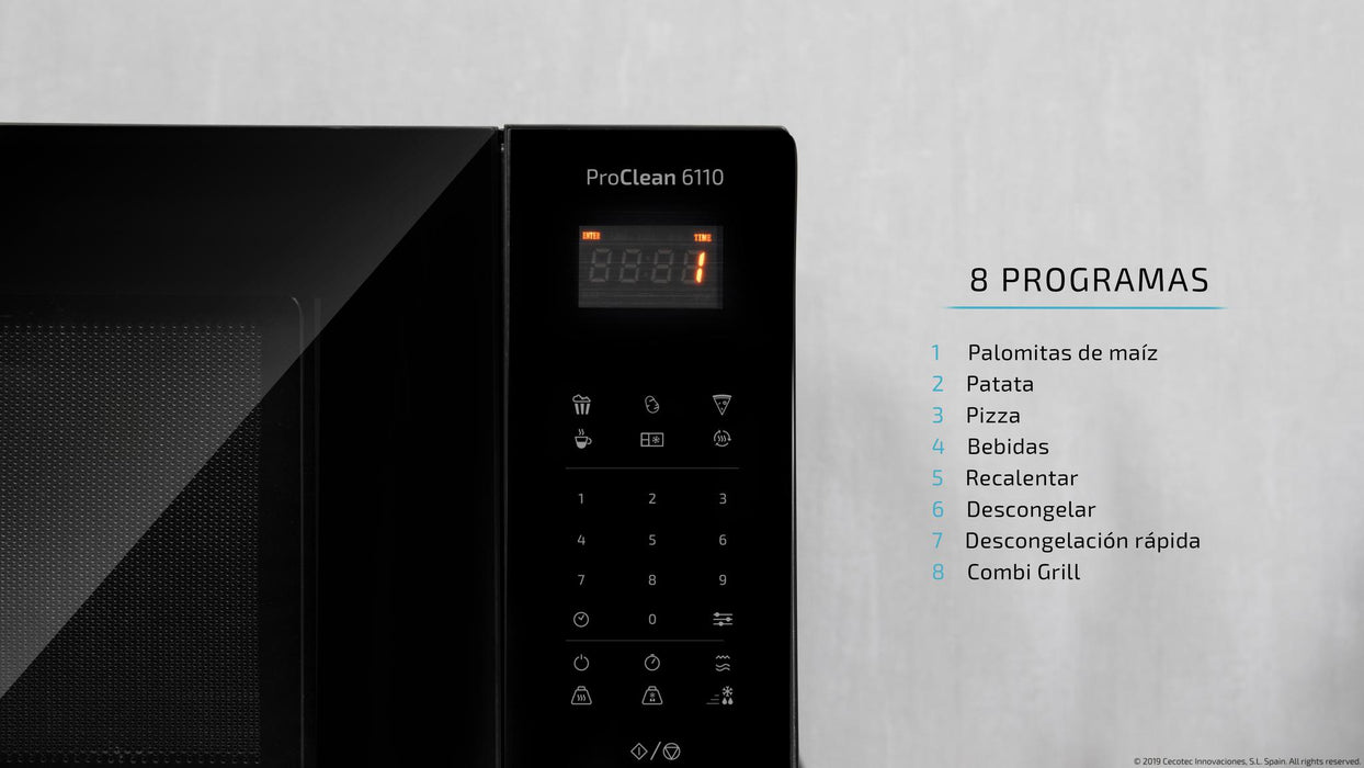 Cuptor cu microunde cu grill Cecotec Proclean 6110, 23 l, 800 W, grill 1000 W, negru cu finisaj din inox
