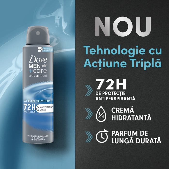 Deodorant spray bărbați, Dove, Clean Comfort Advanced 72h, 150 ml