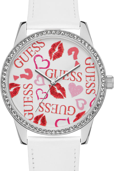 Ceas analog Guess, decorat cu cristale, alb/roșu