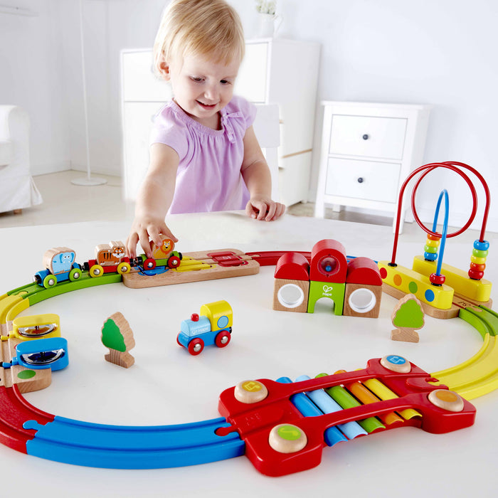 Jucărie tren Hape, curcubeu, lemn, 30 piese