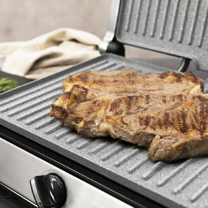 Grătar electric Cecotec Rock'nGrill Multi 2400 W, argintiu-negru, deschidere 180°