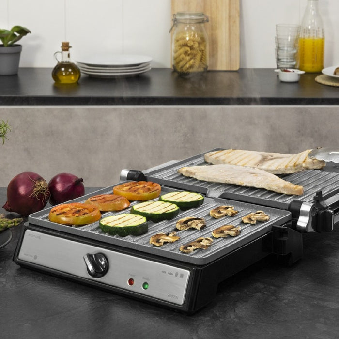 Grătar electric Cecotec Rock'nGrill Multi 2400 W, argintiu-negru, deschidere 180°