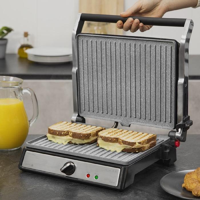 Grătar electric Cecotec Rock'nGrill Multi 2400 W, argintiu-negru, deschidere 180°