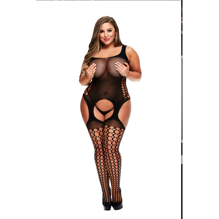 Bodystocking cu Jartiere, Baci, Queen Size, Negru