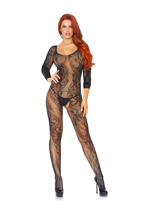 Bodystocking dantelă, Leg Avenue, mâneci lungi, negru