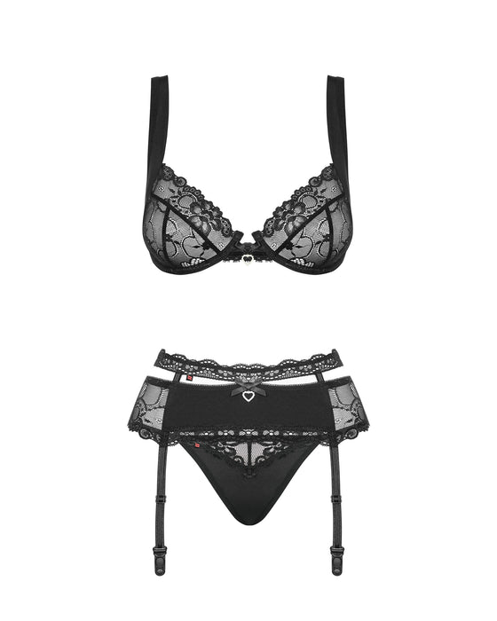 Set lenjerie 3 piese, Obsessive Heartina, negru L/XL