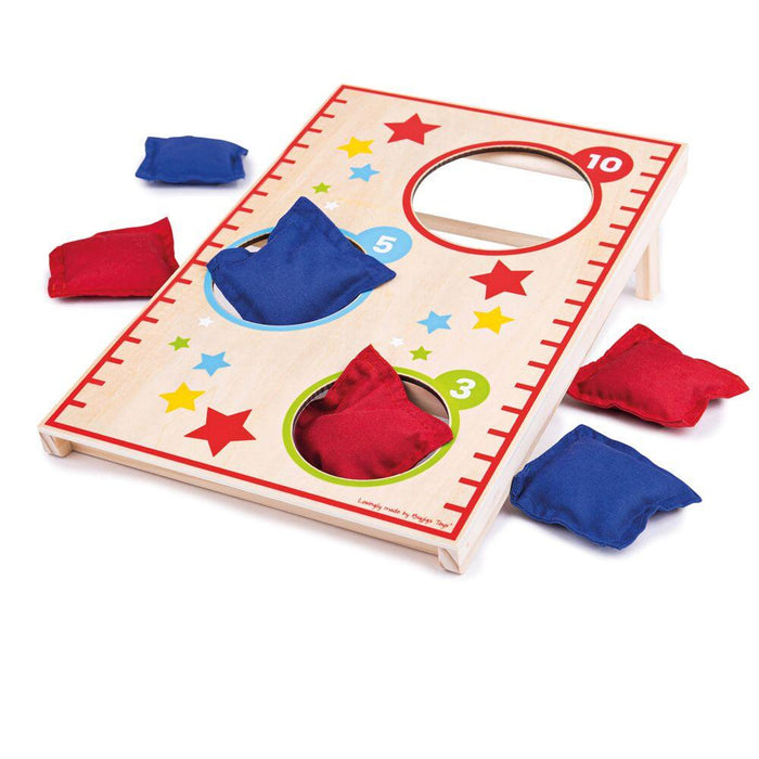Joc de îndemânare, Bigjigs Toys, saculeti colorați, lemn