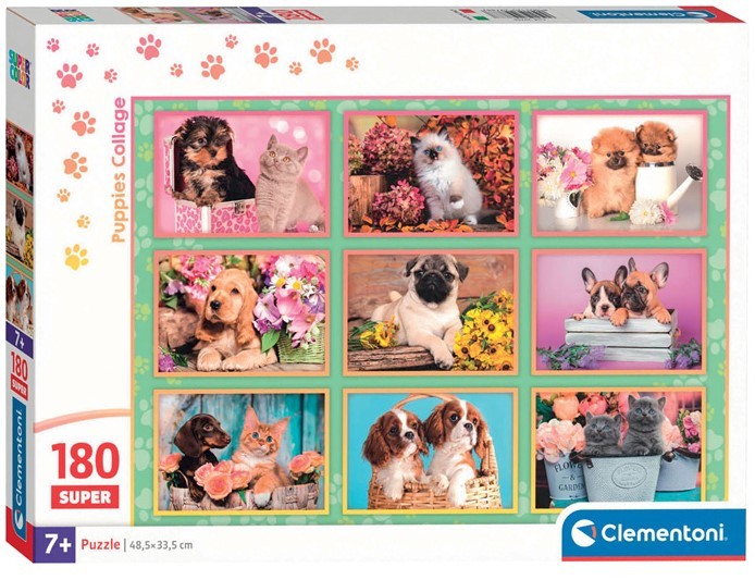Puzzle Clementoni Puppies Collage, pisicuțe și cățeluși, 180 piese, 7+ ani, 48,5 x 33,5 cm