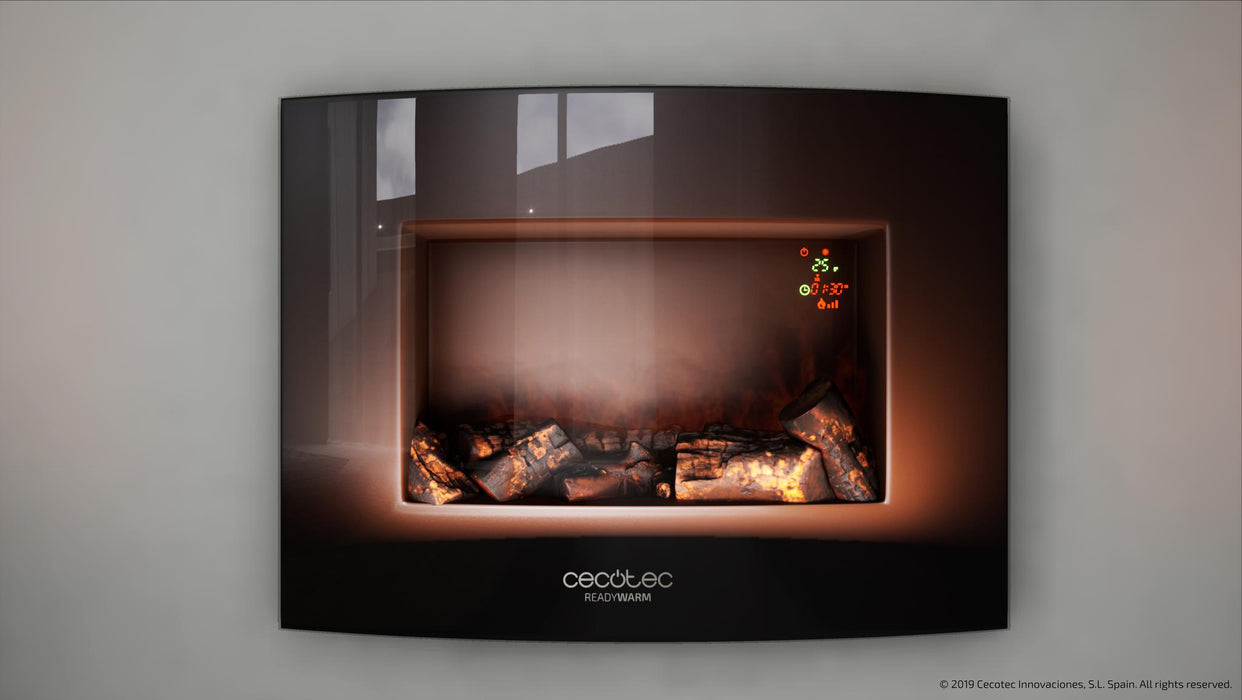 Șemineu electric decorativ de perete Cecotec Ready Warm 2200 Curved Flames, 2000 W, 2 trepte, negru