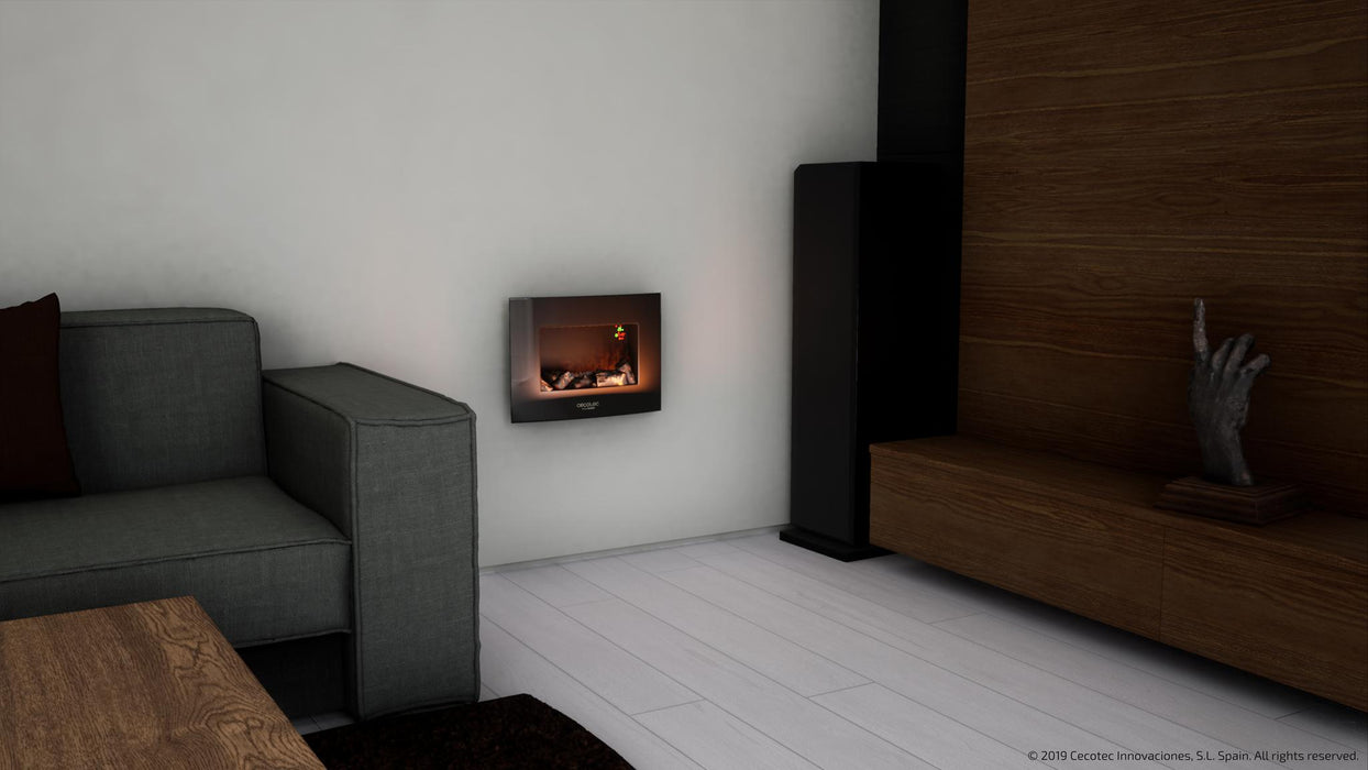 Șemineu electric decorativ de perete Cecotec Ready Warm 2200 Curved Flames, 2000 W, 2 trepte, negru