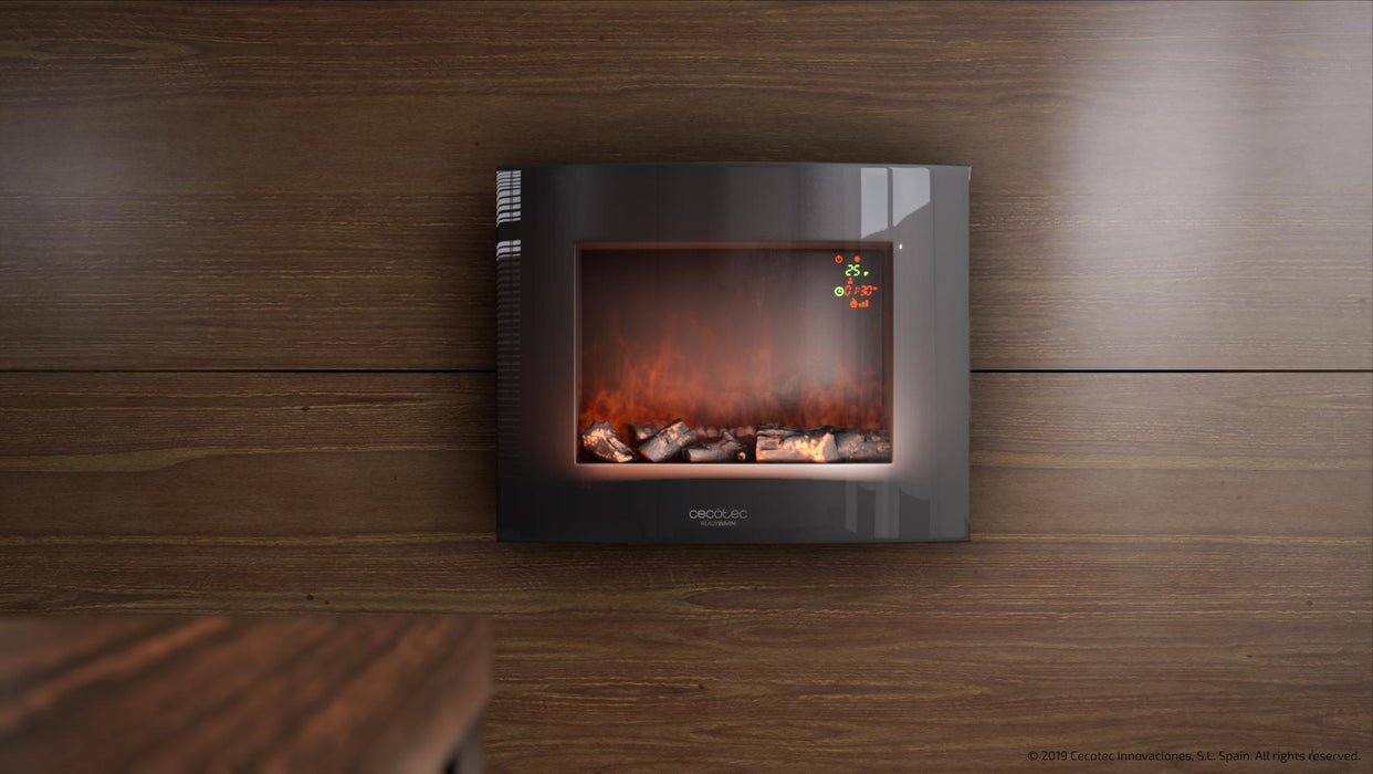 Șemineu electric decorativ de perete Cecotec Ready Warm 2600 Curved Flames, 2000 W, 2 trepte, 13,5 × 66,5 × 56 cm, negru