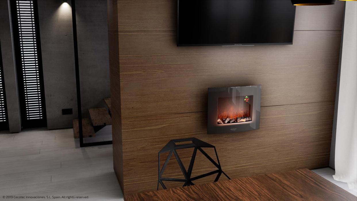 Șemineu electric decorativ de perete Cecotec Ready Warm 2600 Curved Flames, 2000 W, 2 trepte, 13,5 × 66,5 × 56 cm, negru