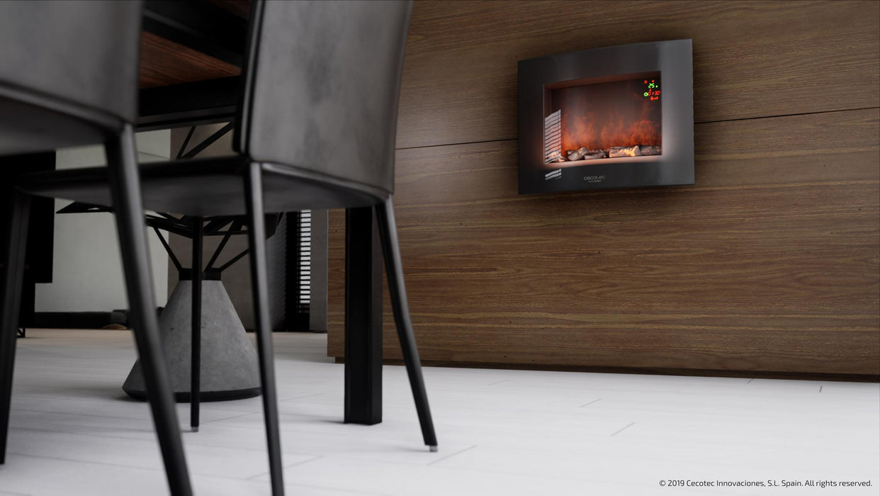 Șemineu electric decorativ de perete Cecotec Ready Warm 2600 Curved Flames, 2000 W, 2 trepte, 13,5 × 66,5 × 56 cm, negru