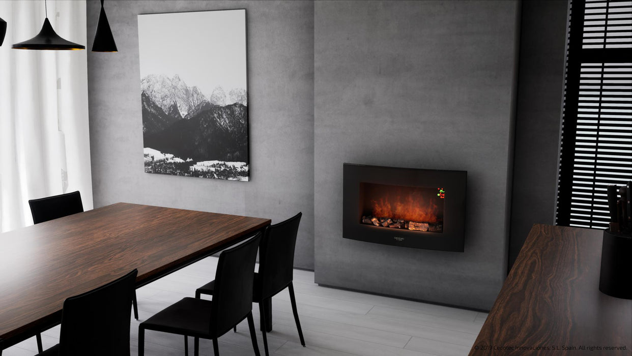 Șemineu electric decorativ de perete Cecotec Ready Warm 3500 Curved Flames, 2000 W, 2 trepte, negru