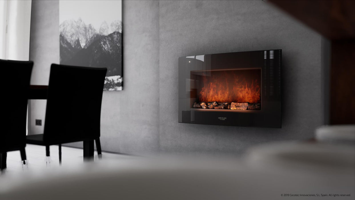Șemineu electric decorativ de perete Cecotec Ready Warm 3500 Curved Flames, 2000 W, 2 trepte, negru