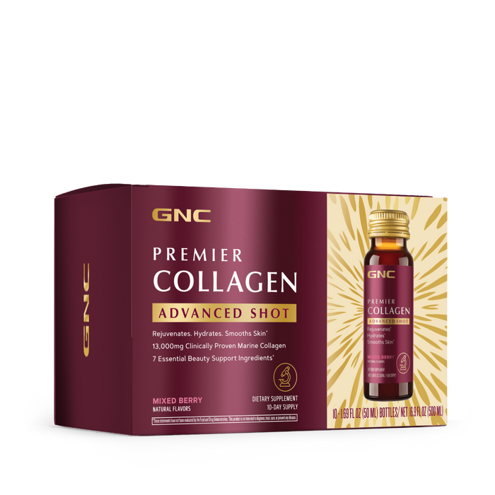 Supliment alimentar GNC Live Well Premier Collagen Advanced Shot, colagen marin, aromă de fructe de pădure, 10 fiole x 50 ml