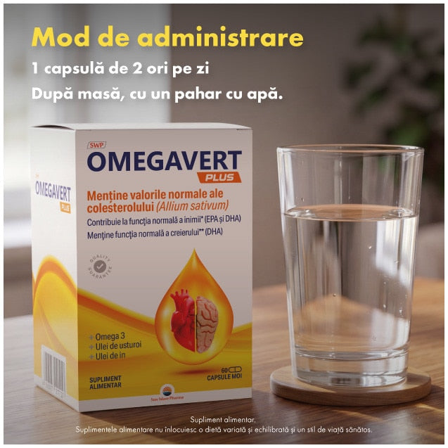 Supliment alimentar Sun Wave Pharma Omegavert Plus cu omega-3, capsule moi, 60 capsule