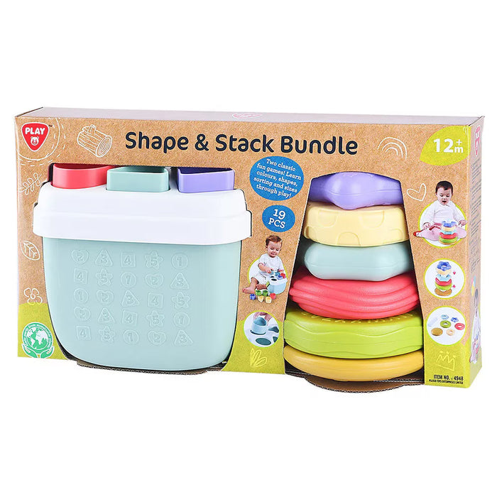 Set de sortare și stivuire PlayGo Shape & Stack Bundle, 19 piese, 12+ luni, bio plastic
