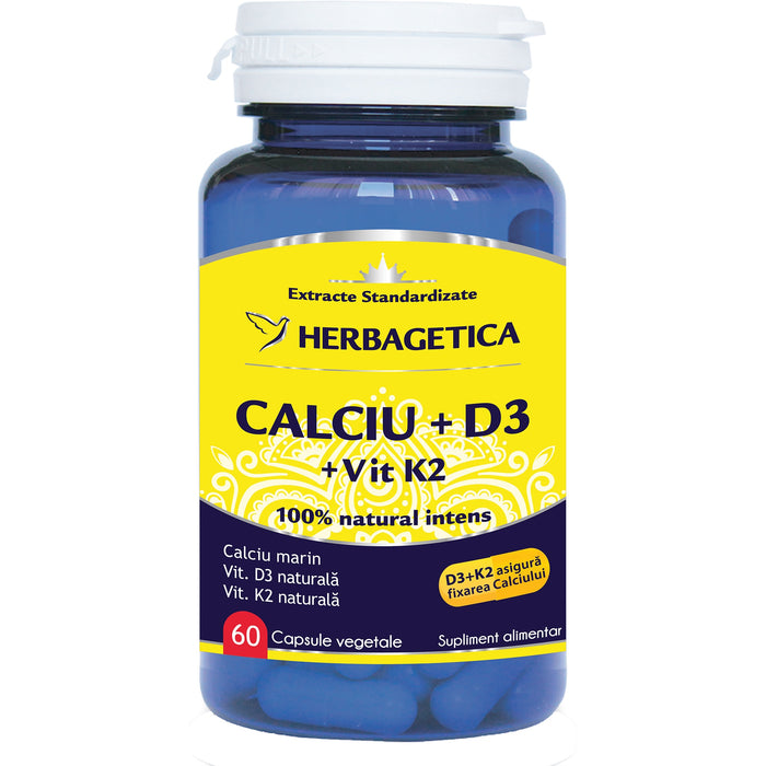 Supliment alimentar Herbagetica Calciu + D3 + Vitamina K2, 60 capsule vegetale